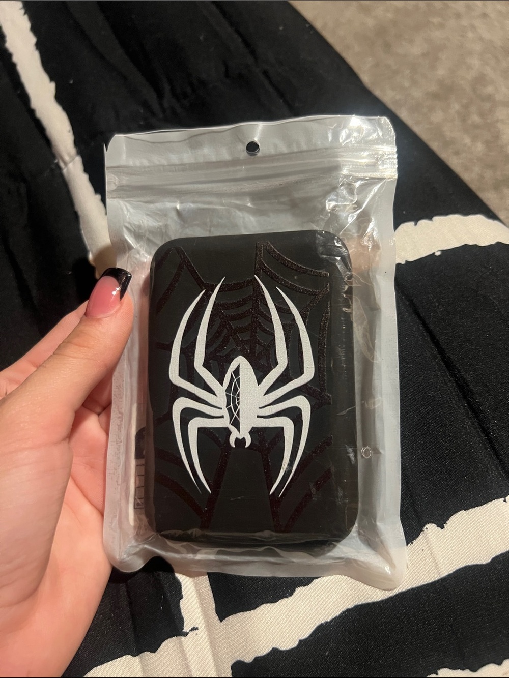SHEIN Black Power Bank Case with White Spider Graphic